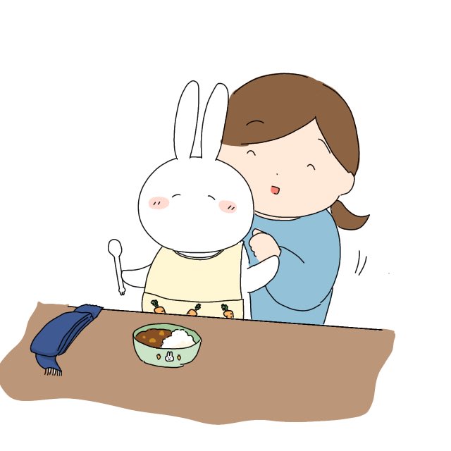 「 白い服どころか地肌だった大丈夫だよ!エプロンつけておこうね、沢山食べて 」|めめ🍮のイラスト