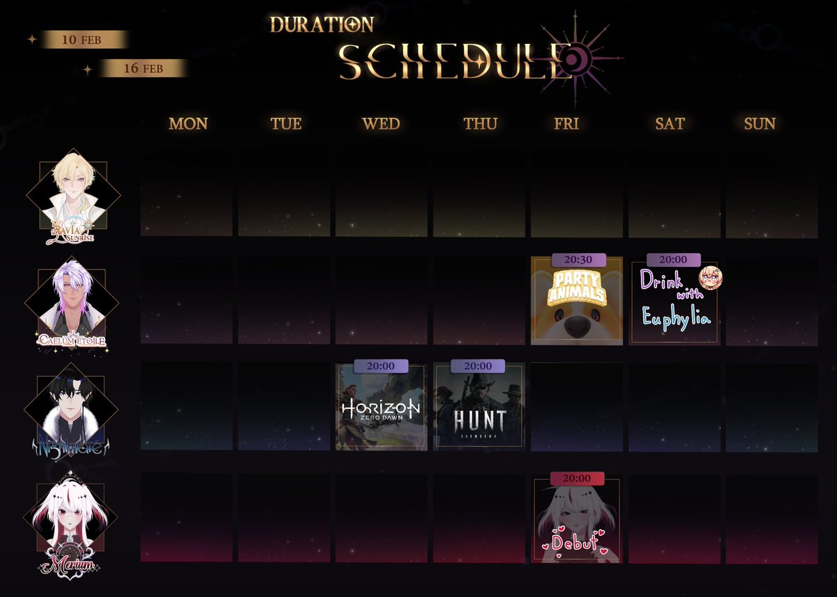 Duration_Vtuber's tweet photo. 📌 ตารางไลฟ์ประจำสัปดาห์ 10 ก.พ. - 16 ก.พ.     

**ตารางอาจมีการเปลี่ยนแปลงสามารถติดตามได้ที่บัญชี X ของแต่ละคน   

#Vtuber #VtuberTH #Xavia #Caelumlum #NightmareDRT #MeriumDRT #Duration_Project https://t.co/vlj8Eky9BW