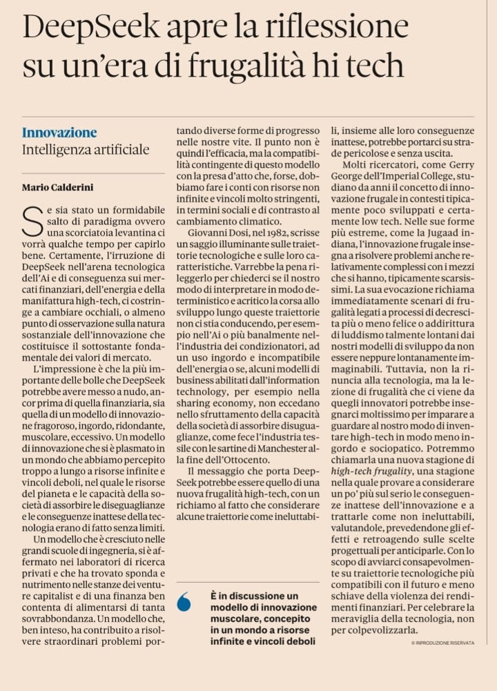 TIRESIA (@tiresia_polimi) on Twitter photo Su <a href="/Nova24Tech/">Nova24Tech</a> <a href="/mariocalderini/">Mario Calderini</a> firma un articolo di approfondimento su #innovazione e #AI, a partire dal caso #DeepSeek, e su una nuova, possibile era di high-tech frugality. Su <a href="/Nova24Tech/">Nova24Tech</a> <a href="/mariocalderini/">Mario Calderini</a> firma un articolo di approfondimento su #innovazione e #AI, a partire dal caso #DeepSeek, e su una nuova, possibile era di high-tech frugality.