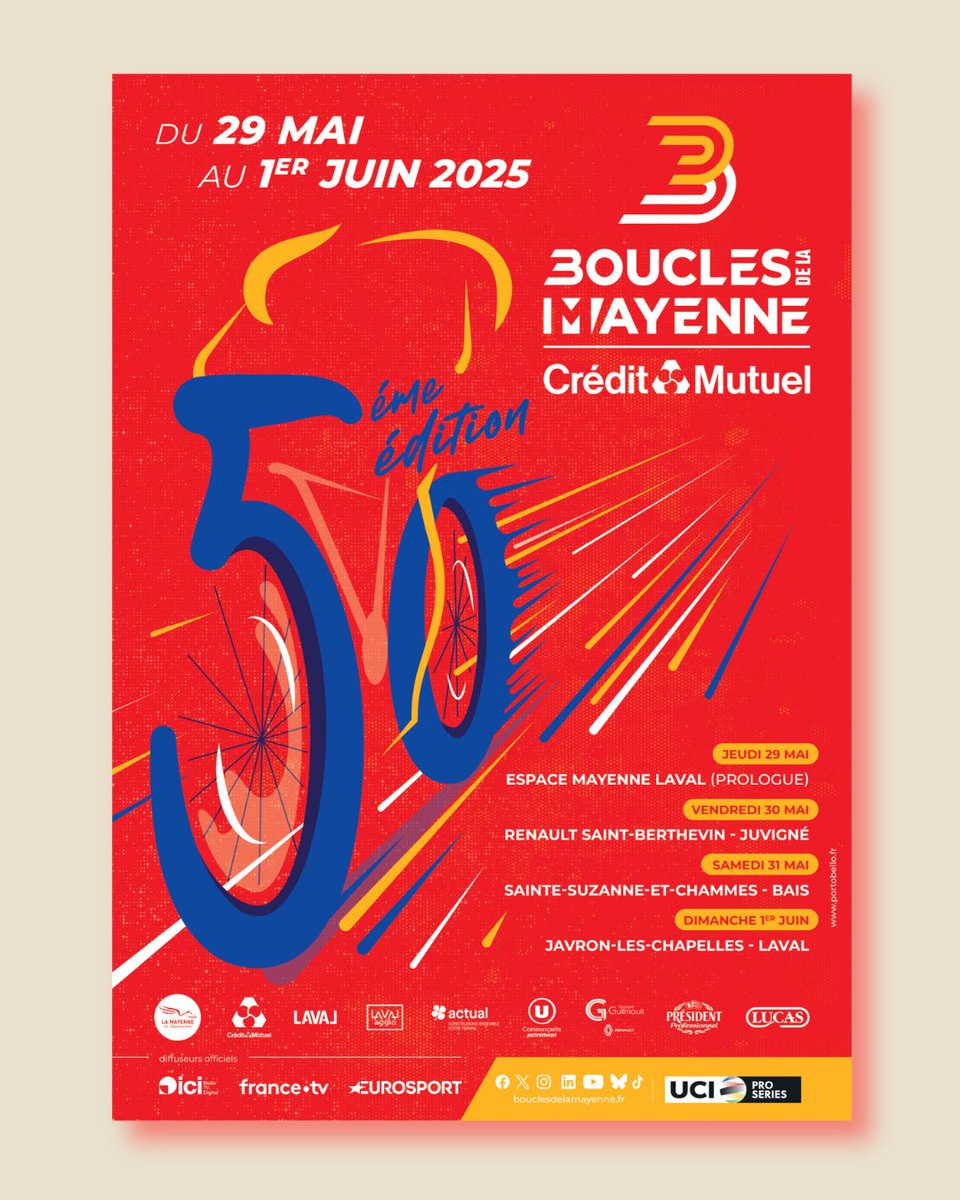 Nous sommes ravis de vous dévoiler l’affiche officielle des Boucles de la Mayenne - Crédit Mutuel 2025🎉
🚴‍♀️Un rendez-vous à ne pas manquer, du 29 mai au 1er juin prochain !

Alors, prêt à vous déplacer sur le bord des routes ? Nous vous attendons nombreux 😉