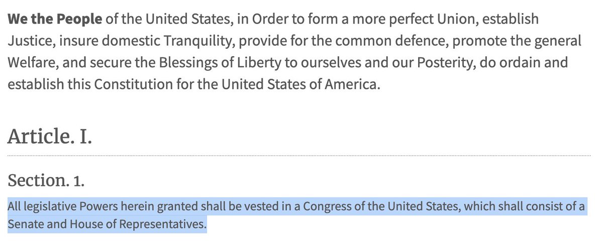 If I hadn't heard conservatives talking about the genius of the Constitution every day my entire life I would probably not be so annoyed by them now pretending the entire part of it that created Congress and the legislative branch doesn't exist. 

You don't have to read far to