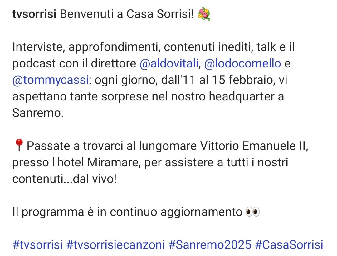 <a href="/MetaErmal/">Ermal Meta</a> il 13 febbraio a #CasaSorrisi 📌
 <a href="/tvsorrisi/">Tv Sorrisi e Canzoni</a> #Sanremo2025