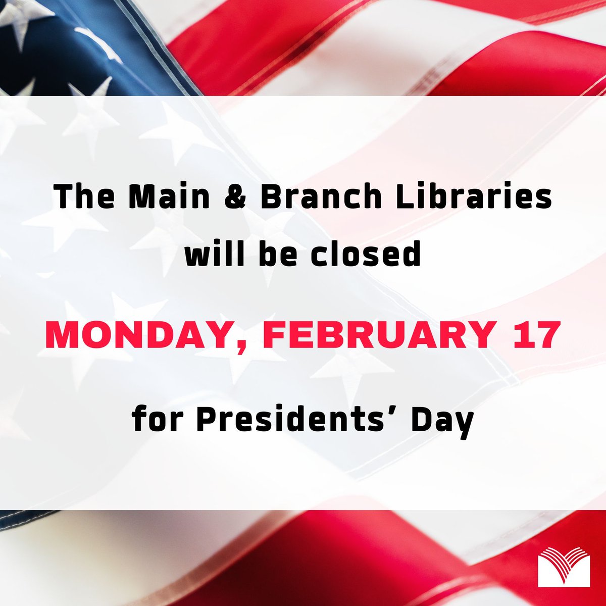 MtPleasantLib's tweet photo. The Main and Valhalla Branch Libraries will be closed Monday, February 17 for Presidents’ Day. https://t.co/DPe1v2jRMK