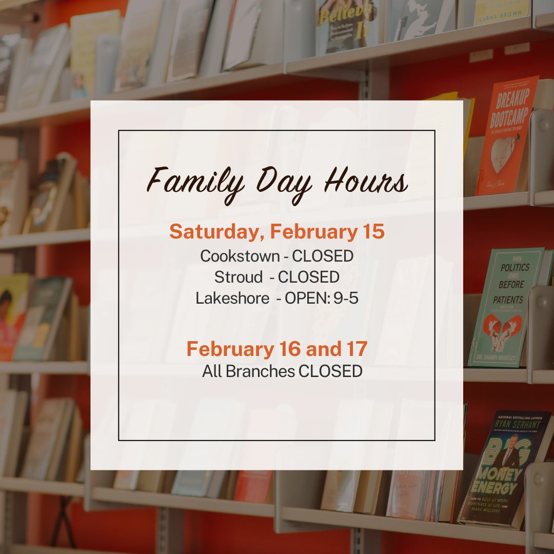 Check out our Family Day Weekend hours⬇️

Saturday, February 15:
• Cookstown &amp; Stroud Branch - CLOSED
• Lakeshore Branch - OPEN: 9am-5pm

All branches are closed Sunday &amp; Monday and will re-open on Tuesday, February 18.