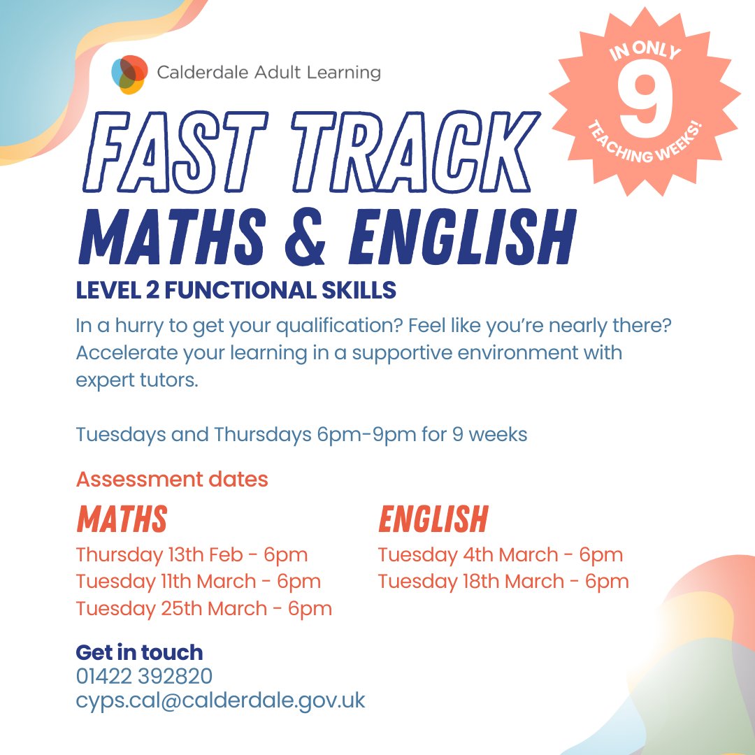 LearningCAL's tweet image. Don't miss out on your opportunity to get a Level 2 qualification in just 9 teaching weeks! Book your assessment today
01422 392820 | cyps.cal@calderdale.gov.uk