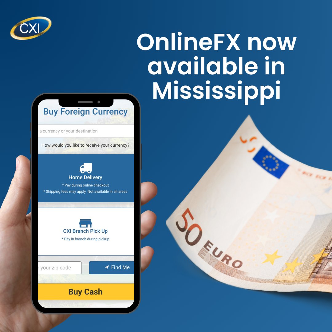 Exciting news!🎉 We have expanded our OnlineFX services to the state of Mississippi. Buy your desired currency online and have it delivered to your doorstep. Experience convenience like never before with CXI🌐💱

#CXI #Mississippi #ForeignCurrency #CurrencyExchange #FX