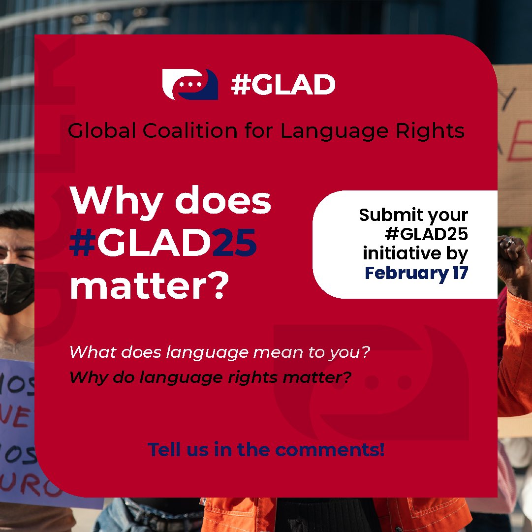 Why does #GLAD25 matter?

Language shapes identity, access &amp; inclusion. When rights are denied, communities face exclusion.

💡 What does #language mean to you? Why do #languagerights matter?

Reply below! ⬇️

⚠️ Submit your #GLAD25 initiative by Feb 17: forms.gle/xEH2rZN61tPsVs…