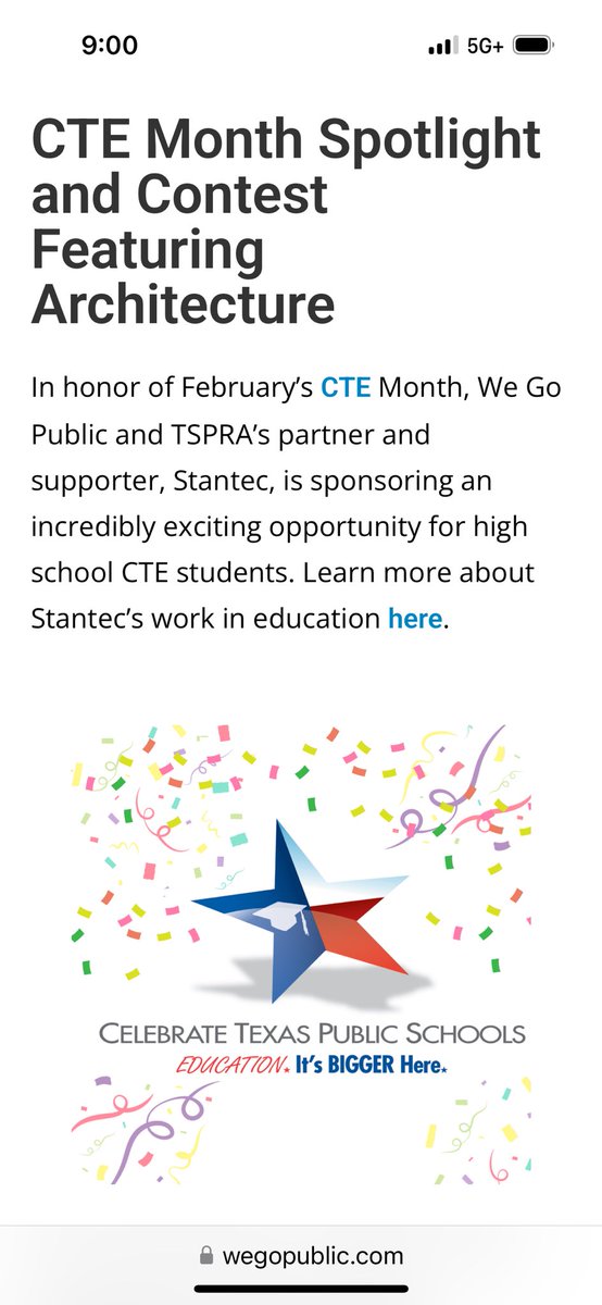It’s #CTE month!  #CTAT kicks off today.  AND…we are proud to be sponsoring a CTE student design contest where one lucky winner will receive a $1,000 scholarship.  Stop by our booth at #CTAT, come see my presentation on Tuesday or visit wegopublic.com/cte-architectu…  for information.