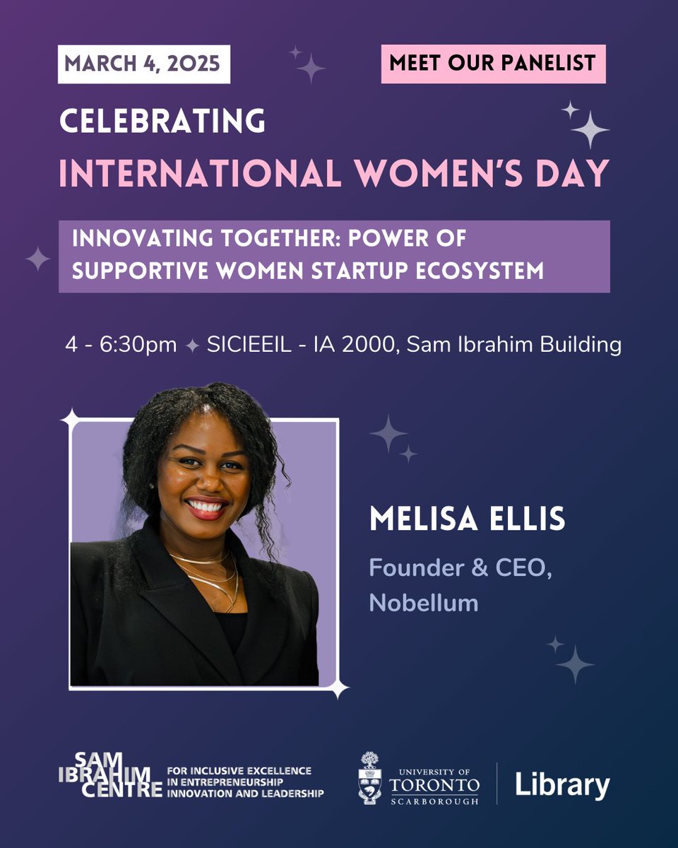 #IWD2025 
🌟Innovating Together: The Power of a Supportive Women #Startup Ecosystem 
✨ Meet Our First Panelist: Melisa Ellis 
 Founder &amp; CEO of <a href="/nobellum_e/">Nobellum Enterprise</a> 
Melisa is a technology professional, community leader, &amp; the Founder of Nobellum
Register here: lu.ma/wkmrijm6