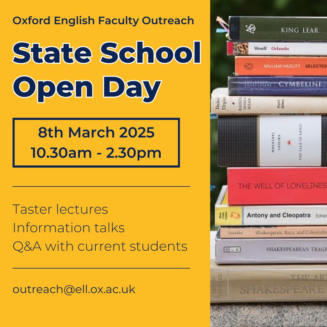 ✏️📷Are you a state school student interested in studying English Language and Literature at university? Sign up for our State School Open Day on the 8th March! 

Register here for the virtual event: eventbrite.co.uk/e/oxford-engli…