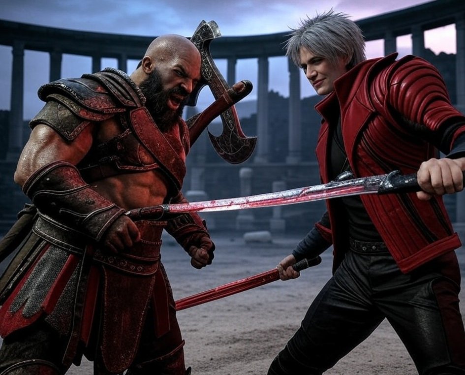 GameverseWhatIf's tweet photo. Kratos, the embodiment of brutality, crosses paths with Dante, the stylish demon hunter. Would Kratos’ raw power overwhelm Dante, or would Dante’s teleportation, regeneration, and demonic trickery give him the upper hand?
🔥Who wins? Divine fury or demonic style?
#GameverseWhatIf https://t.co/z3Q0FMpQ3Y