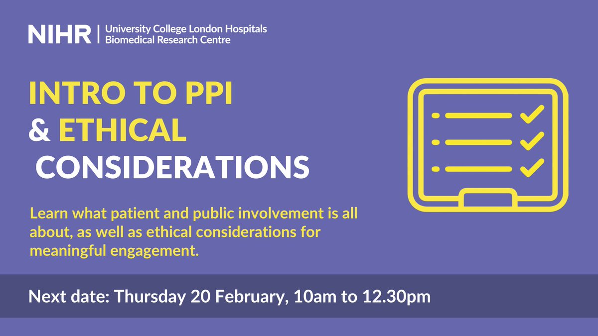 NIHR UCLH Biomedical Research Centre (@uclhresearch) on Twitter photo New to Patient and Public Involvement (PPI)?
Join our workshop to explore:
🔸What PPI is and why it matters
🔸 Practical ways to integrate PPI into your work
🔸 Key ethical considerations
đź“… Thurs 20 Feb, 10am to 12.30pm
đź’» Online
Sign up now ⬇️
uclhospitals.brc.nihr.ac.uk/involving-pati… New to Patient and Public Involvement (PPI)?
Join our workshop to explore:
🔸What PPI is and why it matters
🔸 Practical ways to integrate PPI into your work
🔸 Key ethical considerations
đź“… Thurs 20 Feb, 10am to 12.30pm
đź’» Online
Sign up now ⬇️
uclhospitals.brc.nihr.ac.uk/involving-pati…