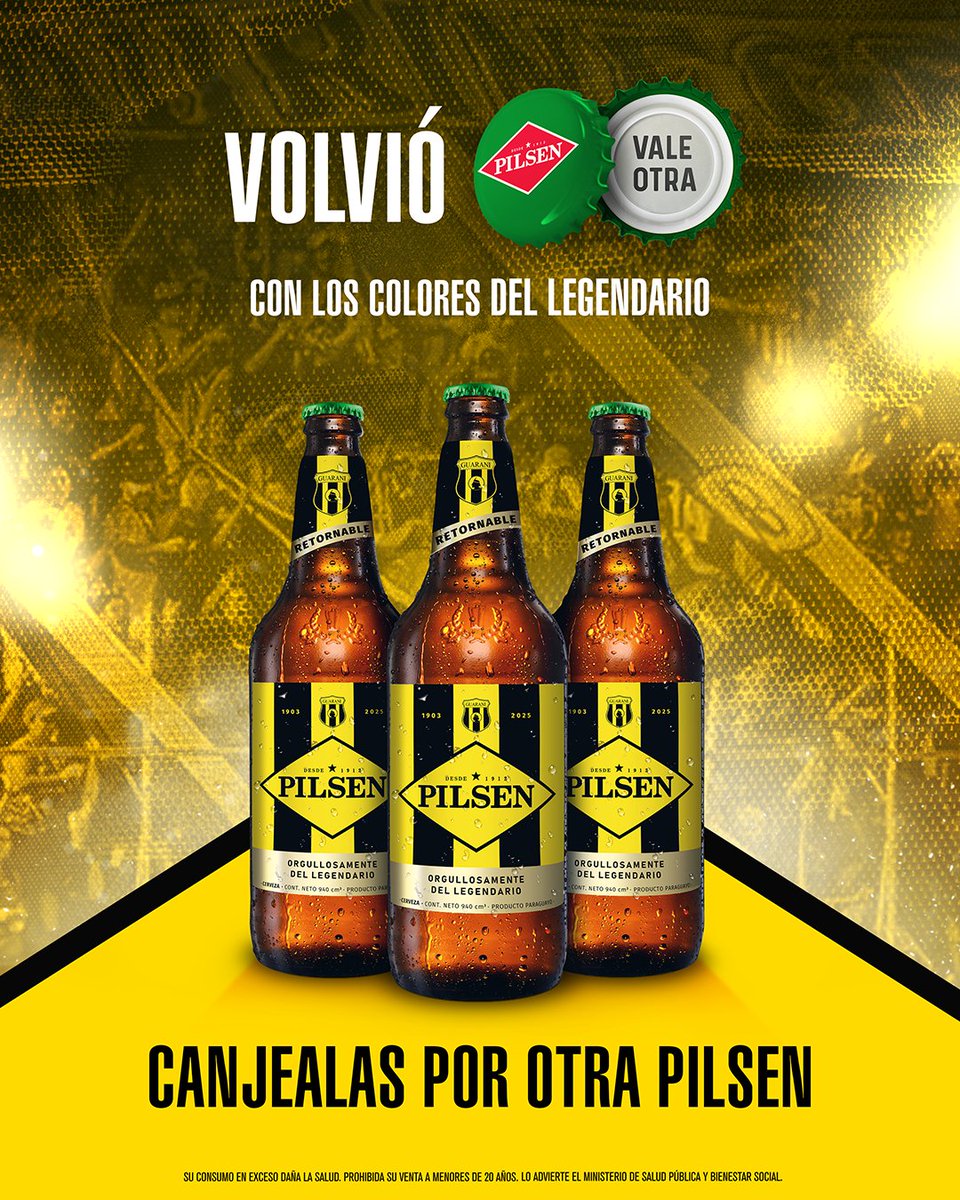 ¡Volvió Pilsen Vale Otra! 💥

Y ahora con los colores del Legendario <a href="/ClubGuarani/">Club Guarani</a>  🟡⚫

Encontrá las tapas verdes con VALE OTRA y canjealas por otra Pilsen 🍻

Pilsen. Orgullosamente Paraguaya