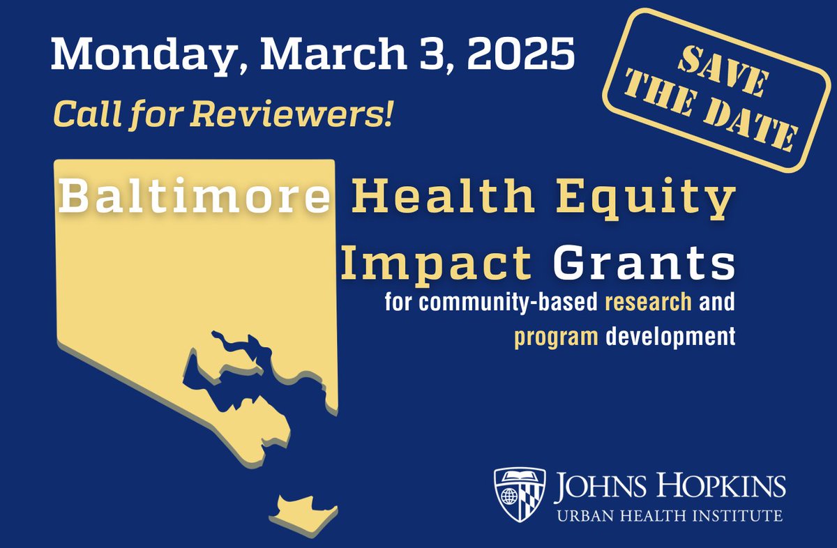 📢 Save the Date! 📢 Applications for the Baltimore Health Equity Impact Grant (#BHEIG) open March 3, 2025! 🎉 This grant funds community-university collaborations to improve health in Baltimore.
🔎 We're also seeking reviewers—apply today! 🔗 loom.ly/k9F96vM