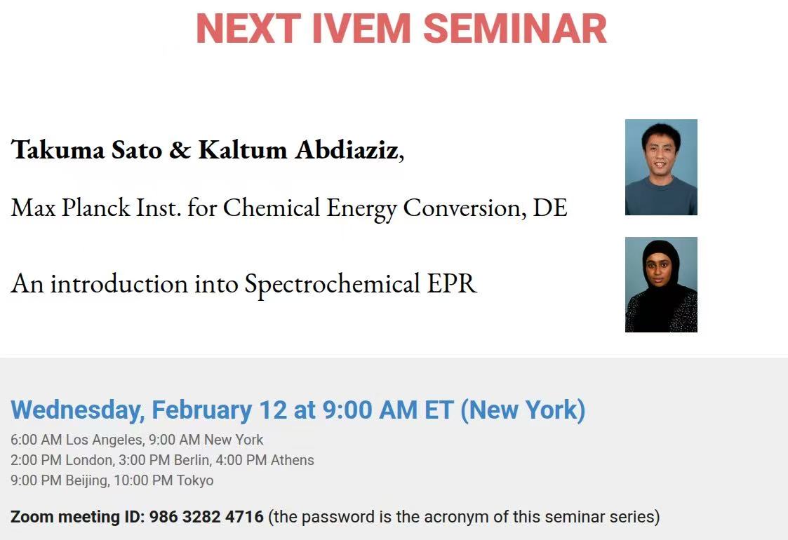 IVEM_meeting (@ivem_meeting) on Twitter photo Don't miss out our next #IVEM seminar on 12th Feb: 'An Introduction into Spectrochemical EPR' by Takuma Sato & Kaltum Abdiazik! <a href="/european_epr/">European Federation of EPR groups (EFEPR)</a> <a href="/PEPR_Facility/">Centre for Pulse EPR Spectroscopy (PEPR)</a> <a href="/EPR_ESR/">International EPR Society</a> <a href="/RSC_ESR/">RSC_ESR</a> Don't miss out our next #IVEM seminar on 12th Feb: 'An Introduction into Spectrochemical EPR' by Takuma Sato & Kaltum Abdiazik! <a href="/european_epr/">European Federation of EPR groups (EFEPR)</a> <a href="/PEPR_Facility/">Centre for Pulse EPR Spectroscopy (PEPR)</a> <a href="/EPR_ESR/">International EPR Society</a> <a href="/RSC_ESR/">RSC_ESR</a>