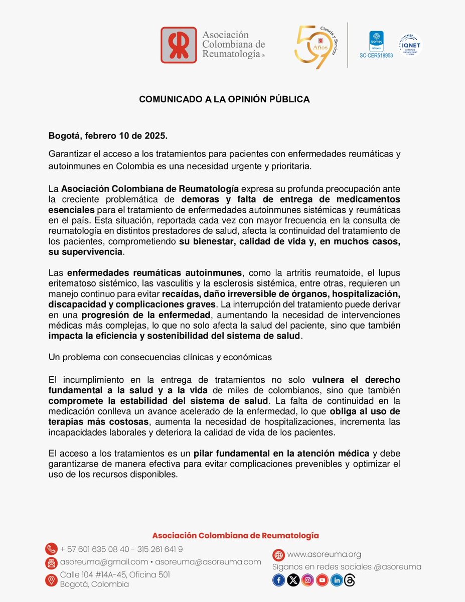 RonnySuarez_'s tweet photo. La Asociación Colombiana de Reumatología @Asoreuma expresa su preocupación por los problemas de acceso a medicamentos que están teniendo pacientes de enfermedades como artritis reumatoide, lupus eritematoso sistémico, vasculitis y esclerosis sistémica. Piden acciones urgentes👇 https://t.co/42fc5fgWWI