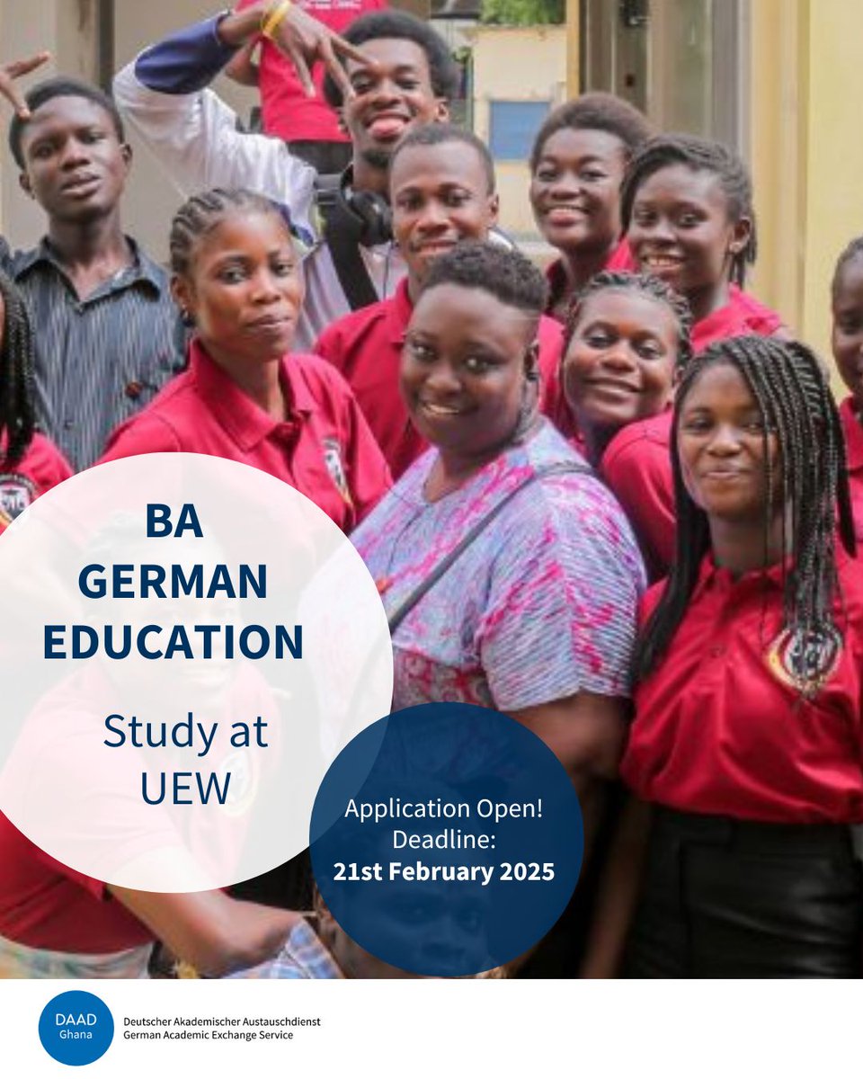 DAAD Ghana (@daad_ghana) on Twitter photo Application still ongoing!
Study BA German Education at the University of Education, Winneba and kick-start an International Career Opportunity in Languages Education.
Application Deadline: 21st February 2025
For more information, visit:
bit.ly/4hMXokn Application still ongoing!
Study BA German Education at the University of Education, Winneba and kick-start an International Career Opportunity in Languages Education.
Application Deadline: 21st February 2025
For more information, visit:
bit.ly/4hMXokn