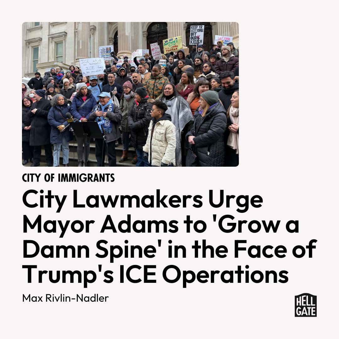 "The mayor didn't go public with this because he knows it's in defiance of the existing law."

Dozens of local elected officials, healthcare workers, and immigrant groups rallied on Sunday against a new ICE guidance memo.

hellgatenyc.com/adams-city-hal…