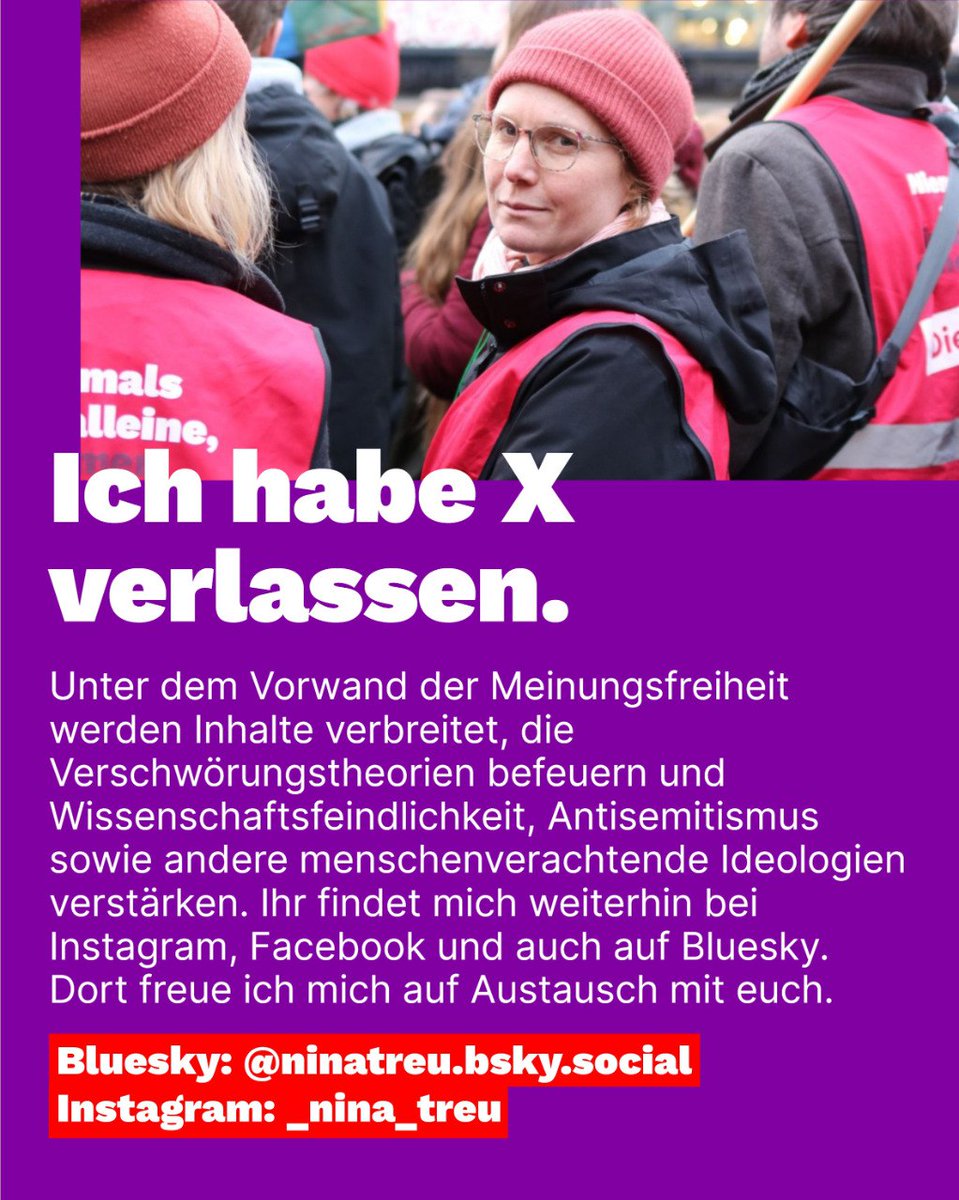 X war schon seit Langem schwierig. Aber die letzten Wochen haben gezeigt, dass es nicht mit meinen Werten vereinbar ist, auf einer Plattform aktiv zu sein, die Hass, Hetze und Fakenews in einem solchen Maße schürt.