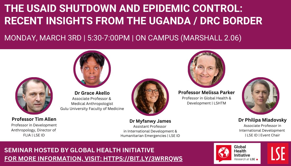 LSE Global Health (@lseglobalhealth) on Twitter photo 👥 Join <a href="/LSEGlobalHealth/">LSE Global Health</a> for a panel centred on the USAID shutdown, epidemic control, and our expert colleagues' recent insights from the Uganda/DRC border.
📅 Monday March 3, 5:30pm, LSE campus
📢More information & registration details can be found at bit.ly/3WRRQwS 👥 Join <a href="/LSEGlobalHealth/">LSE Global Health</a> for a panel centred on the USAID shutdown, epidemic control, and our expert colleagues' recent insights from the Uganda/DRC border.
📅 Monday March 3, 5:30pm, LSE campus
📢More information & registration details can be found at bit.ly/3WRRQwS