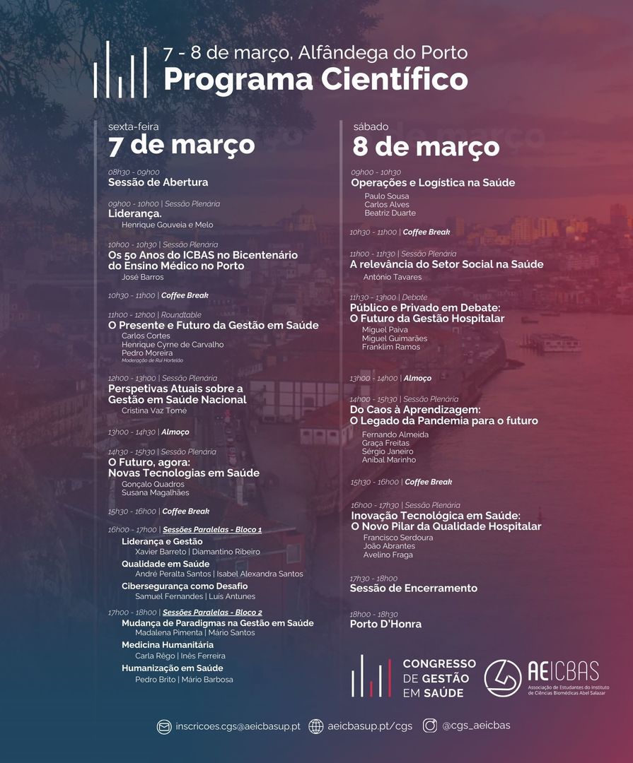 Nos dias 7 e 8 de Março, a Alfândega do Porto vai receber o Congresso de Gestão em Saúde. Organizado para reunir estudantes e profissionais, visa preparar as gerações actuais e futuras nos serviços de saúde.

Conheça o programa e os oradores aqui: tinyurl.com/cgs-publico