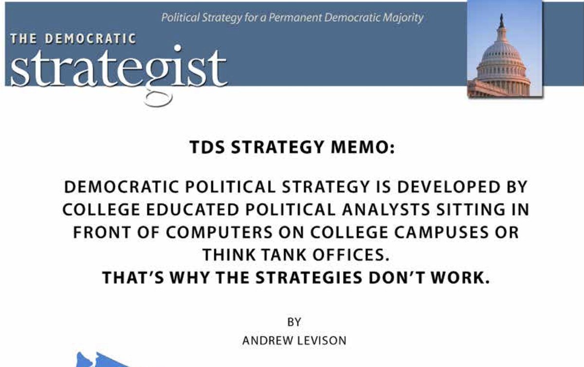 New memo from Andrew Levison/The Democratic Strategist, which on the one hand recommends two of the absolutely best books I know on what's shaping deep political shifts: but also I fear really fails to grapple with why "rebuild the party from bottom up" brings vexed problems too