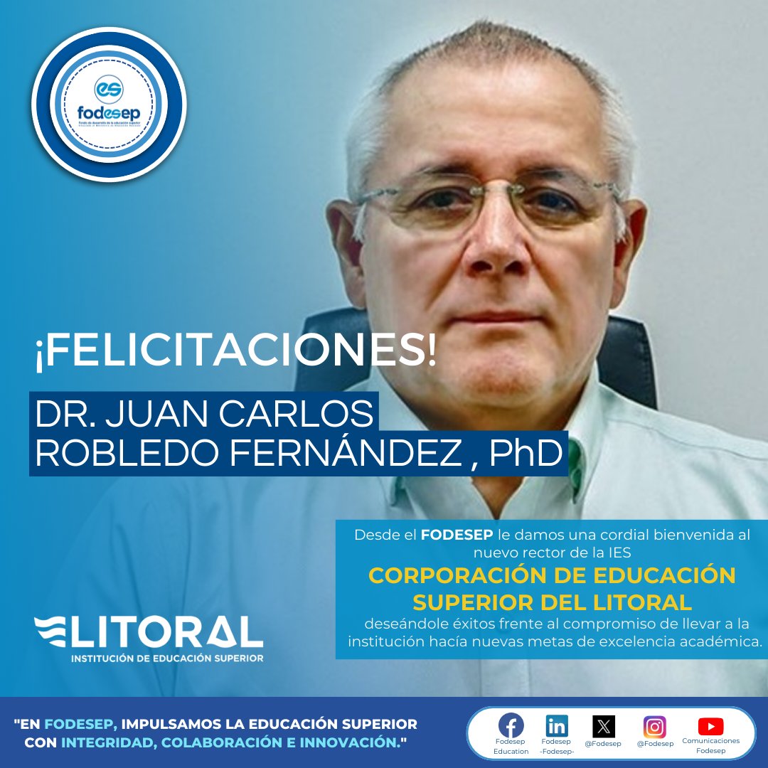 #fodesepaldía | <a href="/fodesep/">FODESEP</a> le da una cordial bienvenida al nuevo rector de la IES CORPORACIÓN DE EDUCACIÓN SUPERIOR DEL LITORAL <a href="/LaLitoralBAQ/">Corporación de Educación Superior del Litoral</a>  deseándole éxitos frente al compromiso de llevar a la institución hacía nuevas metas de excelencia académica. 
¡Muchas Felicidades! 🎉