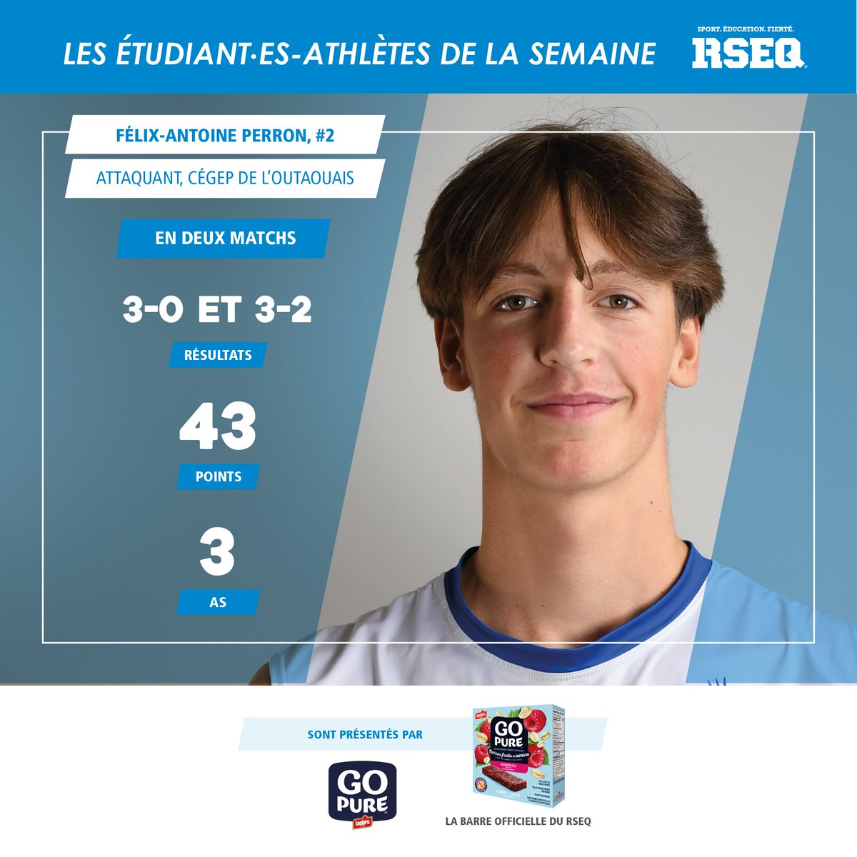 VOLLEYBALL COLLÉGIAL 🏐
Voici les étudiant·es-athlètes de la semaine pour le volleyball collégial D1, présenté par Go Pure  , la barre officielle du RSEQ :
 ⭐️Sophie Descheneaux des Lynx du cégep Édouard-Montpetit
 ⭐️Félix-Antoine Perron des Griffons Cégep Outaouais
Bravo !
#RSEQ