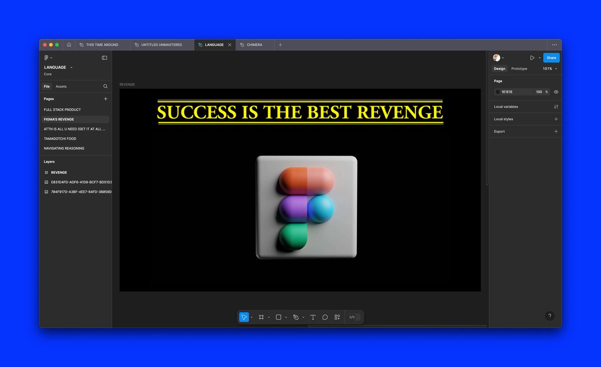 𝙁𝙄𝙂𝙈𝘼'𝙎 𝙍𝙀𝙑𝙀𝙉𝙂𝙀

Fading <a href="/figma/">Figma</a> is wrong—they’re lowering the barrier for anyone to create software, while raising the ceiling of excellence. With AI, I foresee Figma evolving from a design tool into a full software creation platform

Full post at language [dot] place