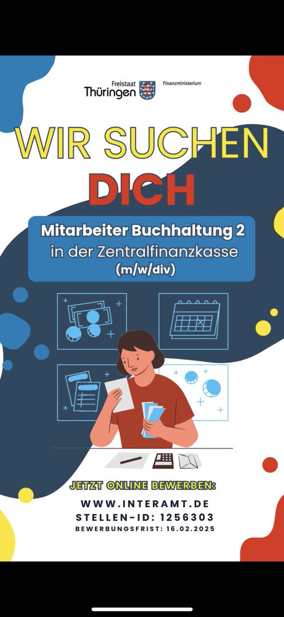 #Stellenausschreibung
✨Mitarbeiter #Buchhaltung 2 in der #Zentralfinanzkasse (m/w/div)✨ 
im #Finanzamt #Gotha gesucht!

Jetzt online bis zum 16.02.2025 bewerben unter
⬇️⬇️⬇️
interamt.de 

✨Stellen-ID: 1256303✨ 

Beitrag gern teilen‼ ️