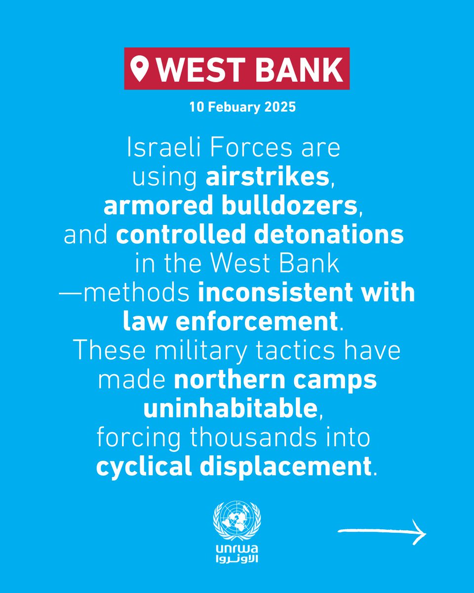 UNRWA's tweet image. Nearly 40,000 Palestine Refugees have been forcibly displaced from the northern #WestBank as Israeli military operations escalate at an alarming rate.

Since 21 January, Israeli Forces’ Operation &quot;Iron Wall&quot; has nearly emptied several refugee camps, making it the longest military…