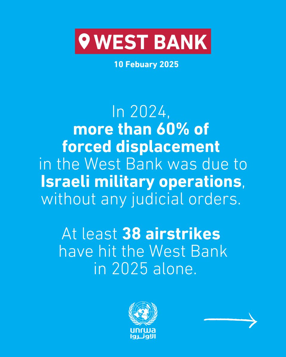 UNRWA's tweet image. Nearly 40,000 Palestine Refugees have been forcibly displaced from the northern #WestBank as Israeli military operations escalate at an alarming rate.

Since 21 January, Israeli Forces’ Operation &quot;Iron Wall&quot; has nearly emptied several refugee camps, making it the longest military…