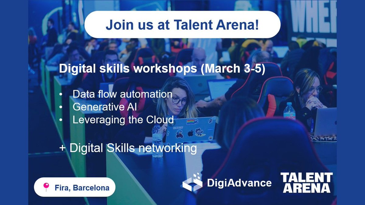 🚀 Join DigiAdvance's 3 free workshops to transform your digital skill set
📍 at Talent Arena, the European event dedicated to digital talent
🗺️  Fira in Barcelona
📆  3-5 March

 🔗 Register here: buff.ly/4gv0mZO  

 #DigitalSkills #TalentArena #FutureofTech