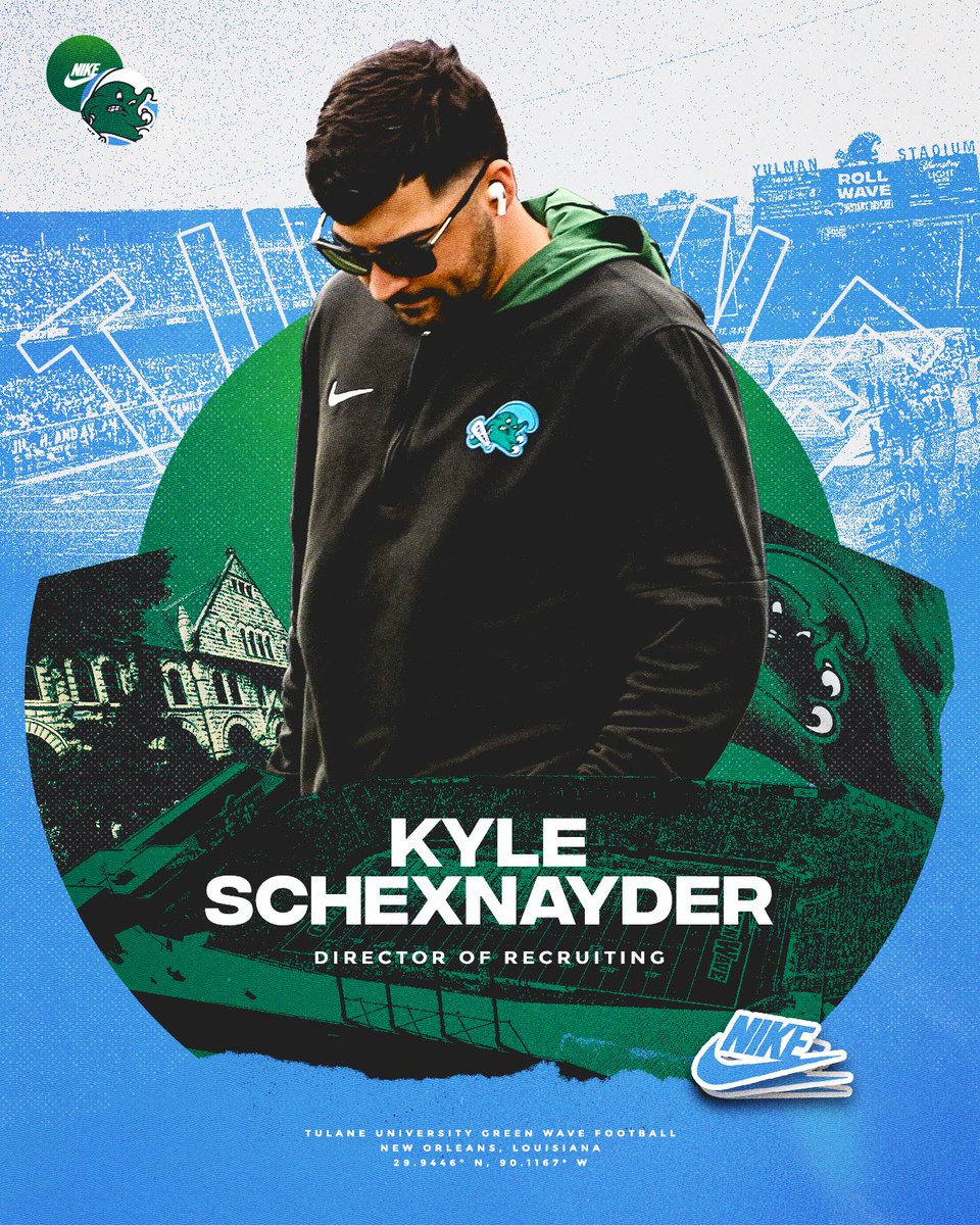 Tulane Football (@greenwavefb) on Twitter photo Moving on up ⬆️
<a href="/CoachSchexTU/">Kyle Schexnayder</a> has been promoted to Director of Recruiting!
#UptownFootball Moving on up ⬆️
<a href="/CoachSchexTU/">Kyle Schexnayder</a> has been promoted to Director of Recruiting!
#UptownFootball