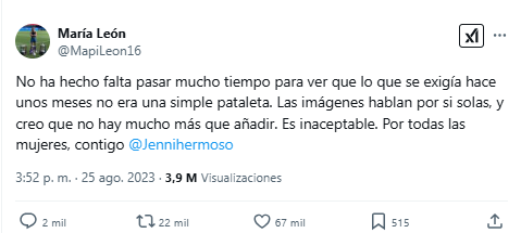 Sobre la sobada de chichi de Mapi León a Daniela Caracas solo me remito a sus palabras por el beso de Luis  Rubiales a Jenni Hermoso.

Las imágenes hablan por sí solas y creo que no hay mucho más que decir. Es inaceptable. Por todas las mujeres, contigo <a href="/Danielacaracas5/">Daniela caracas</a>