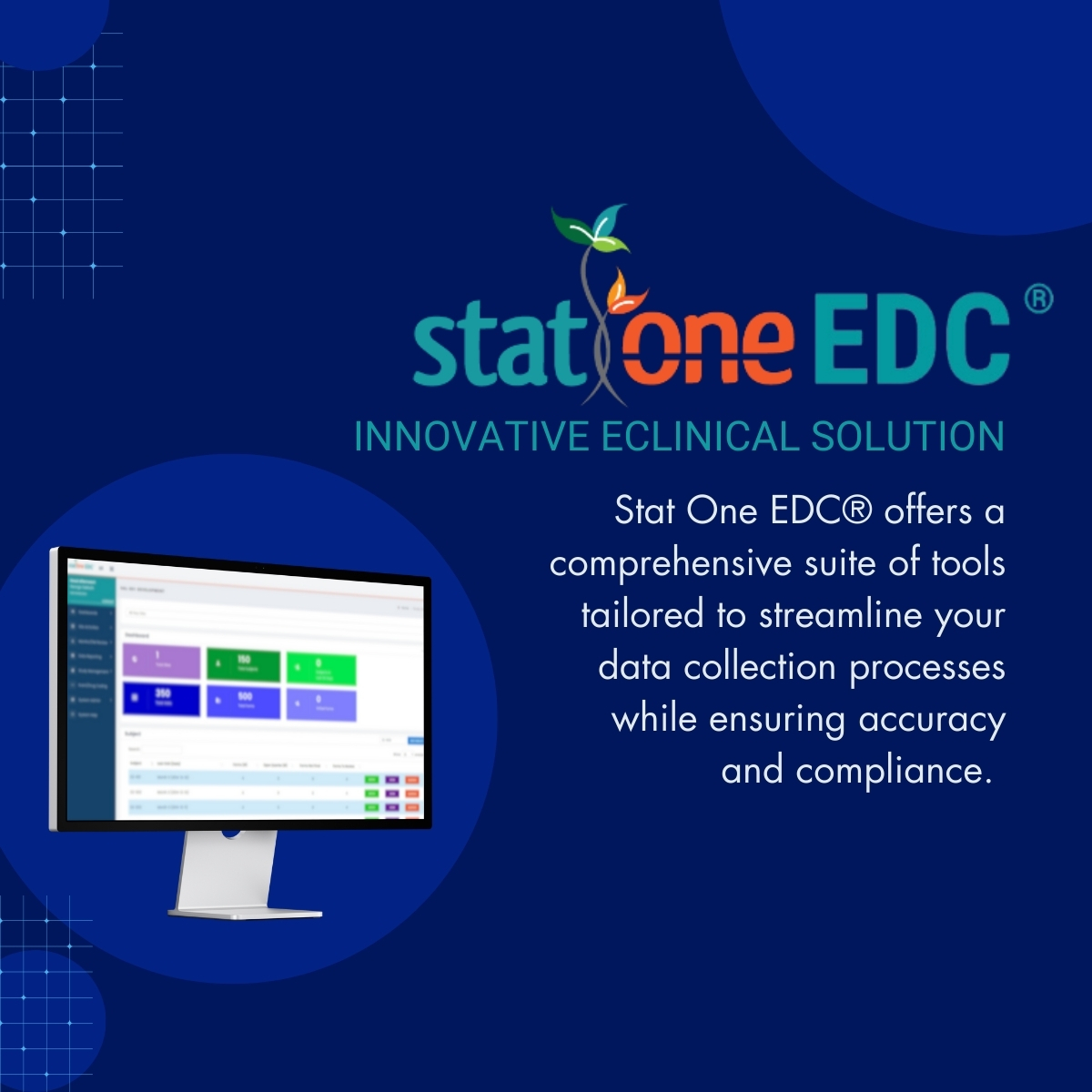 Stat One would like to introduce Stat One EDC®—an innovative electronic data capture system.

Join us in shaping the future of clinical trials and enhancing data integrity. Visit our website or contact us for a demo today. 

lnkd.in/egFtsg7
#ClinicalTrials #DataCapture