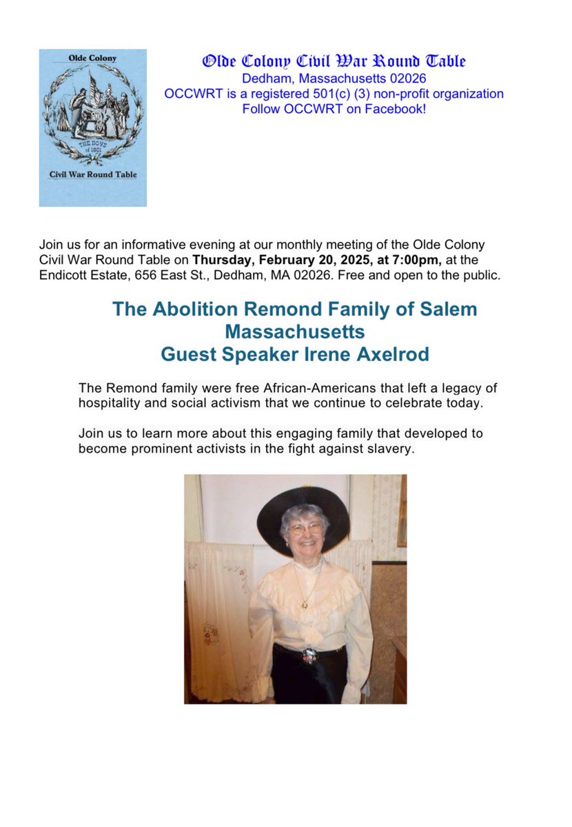 OCCWRT1's tweet image. The next meeting of the @OCCWRT1 will be be on Thursday, February 20, 2025, at 7:00pm, at the Endicott Estate, 656 East St., Dedham, MA. Our speaker will be Irene Axelrod. Please join us!