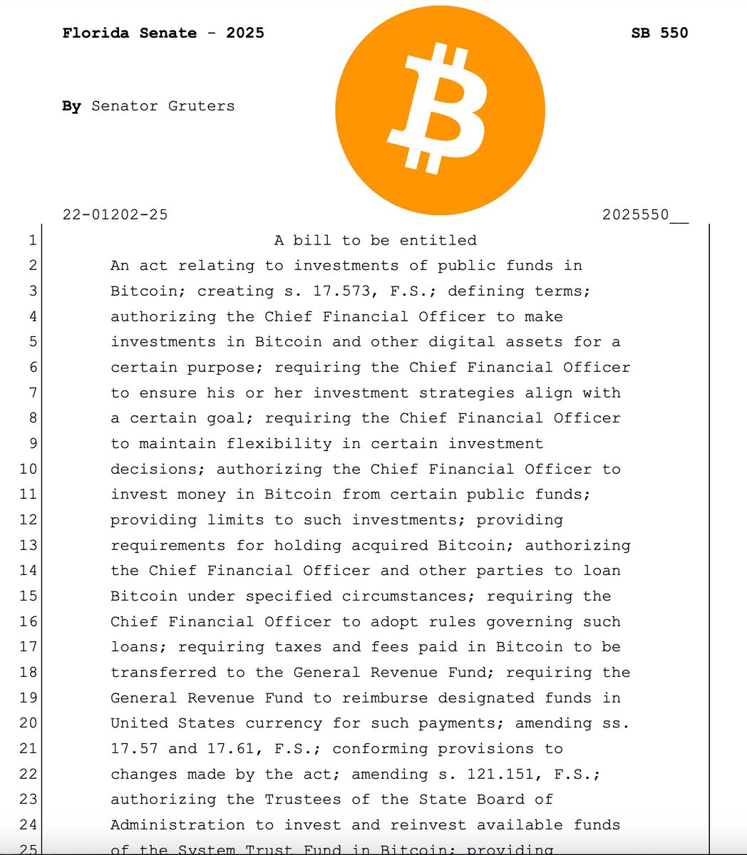 NEW: Florida Senator Joe Gruters introduces bill to invest in Bitcoin 🇺🇸