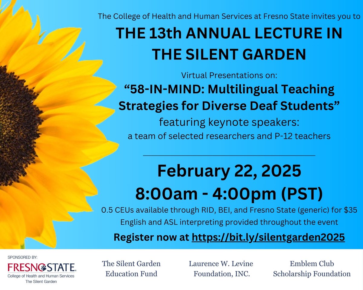 The 13th Annual Lecture in The Silent Garden
58-IN-MIND: Multilingual Teaching Strategies for Diverse Deaf Students
February 22, 2025
8:00 am - 4:00 pm PST

Register here: bit.ly/silentgarden20…

#DEOutreachServices #Delawaredeafcommunity #Delawaredeafchildren #Delawaredeafblind