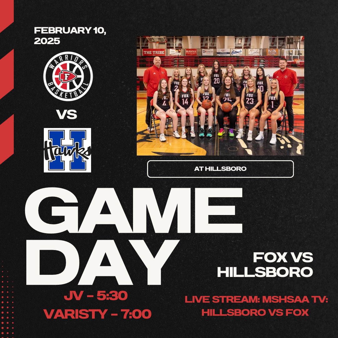 GAME DAY #19
Fox Lady Warriors (4-14) vs Hillsboro Hawks (16-2)

The Lady Warriors take the road to take on a very good Hillsboro team tonight!

JV- 5:30
Varsity - 7:00
<a href="/FoxHSActivities/">Fox High School Activities</a> <a href="/CoryRiley11/">Cory Riley</a> <a href="/GSV_STL/">Gateway Sports Venue</a> <a href="/STLhssports/">STLhighschoolsports</a> <a href="/MetroSportsSTL/">Metro Sports STL</a>