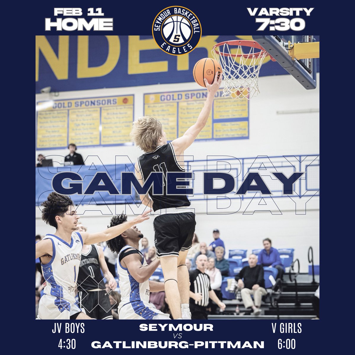 🏀 GAME DAY | HOME 🏀

SEYMOUR vs GP

JV Boys | 4:30
V Girls | 6:00
V Boys | 7:30

Let's go, Eagles! 💙🤍