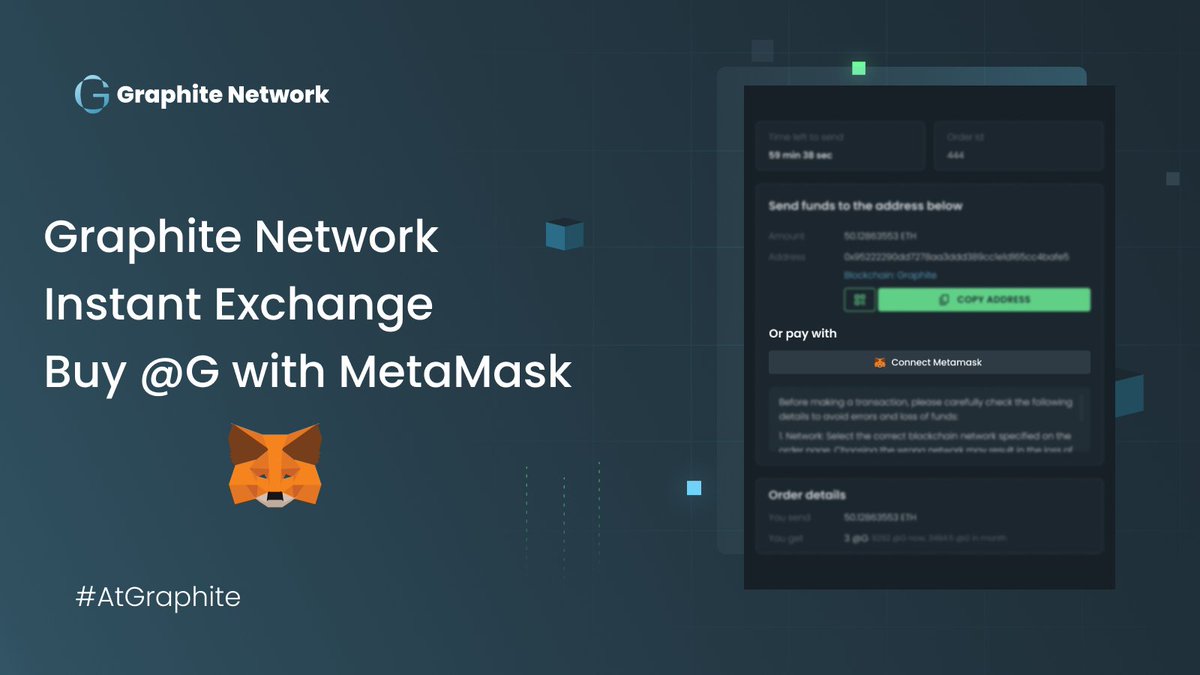 GraphiteNetwork's tweet image. 🔥#GraphiteNetwork Instant Exchange now support payment via @MetaMask 🔥

You can now buy $atG using MetaMask - fast, secure, and seamless.

🔗atgraphite.com/buy-graphite

#AtGraphite #Crypto #Blockchain #cryptocurrency #DeFi #TradFi #trading