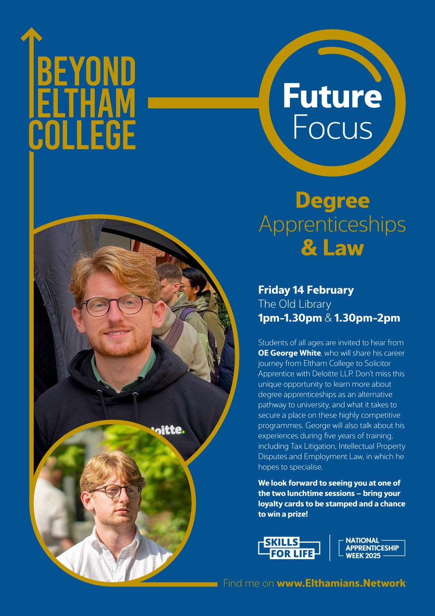 Eltham College (@elthamcollegeuk) on Twitter photo Looking forward to welcoming OE George White back this week for #NationalApprenticeshipWeek2025!
Now a Solicitor Apprentice at Deloitte, George will be sharing his journey from school to law and discussing degree apprenticeships as a post-18 pathway. 👏 #BeyondElthamCollege Looking forward to welcoming OE George White back this week for #NationalApprenticeshipWeek2025!
Now a Solicitor Apprentice at Deloitte, George will be sharing his journey from school to law and discussing degree apprenticeships as a post-18 pathway. 👏 #BeyondElthamCollege