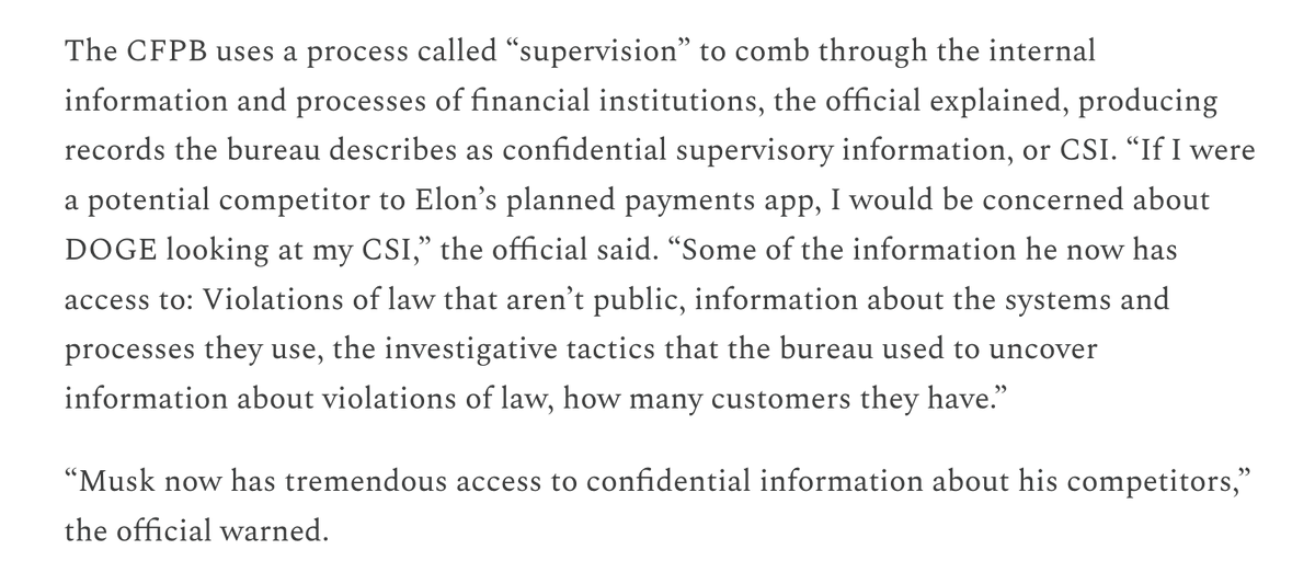 calebhecarma's tweet image. New by me and @JuddLegum: Elon Musk now has access to reams of confidential information about X's competitors in the digital payment sector, according to an official at the Consumer Financial Protection Bureau muskwatch.com/p/musk-associa…