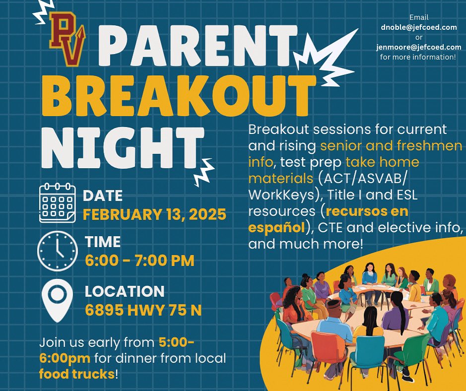 Pinson Valley High School (@pvhigh) on Twitter photo Parent Breakout Night events will include informative sessions of your choice specifically for you & your student, take-home resources, CTE and elective showcase, door prizes & food trucks, performance by PV Mariachi, ESL sessions led by ESL staff, & much more!Β Β
<a href="/JEFCOED/">Jefferson County Schools</a> Parent Breakout Night events will include informative sessions of your choice specifically for you & your student, take-home resources, CTE and elective showcase, door prizes & food trucks, performance by PV Mariachi, ESL sessions led by ESL staff, & much more!Β Β
<a href="/JEFCOED/">Jefferson County Schools</a>