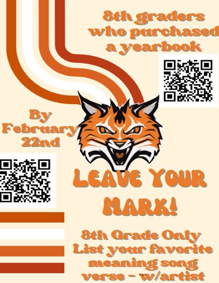 Travis Publications (@tmspublications) on Twitter photo All 8th graders scan the QR code and put your favorite lyrics to a song that are meaningful to you.
<a href="/TravisMSBobcats/">Travis Bobcats</a>
<a href="/Lady_Bobcats/">LadyBobcatAthletics</a> All 8th graders scan the QR code and put your favorite lyrics to a song that are meaningful to you.
<a href="/TravisMSBobcats/">Travis Bobcats</a>
<a href="/Lady_Bobcats/">LadyBobcatAthletics</a>