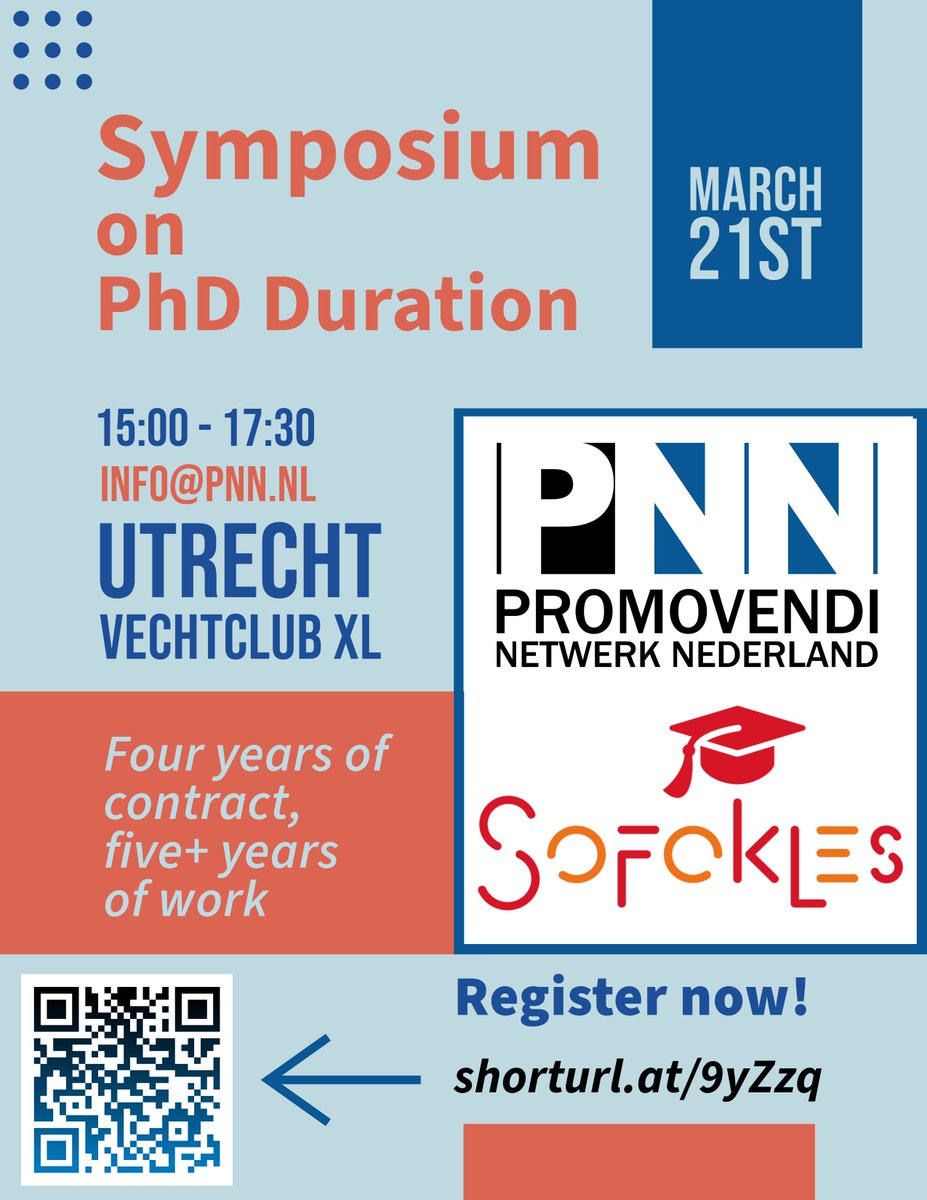 Join us on 🗓️ March 21, 2025 at 📍 Vechtclub XL, Utrecht for our symposium “4 of contract, 5+ years of work”—an in-depth look into why many PhDs take 5+ years to finish. Dive into insights from our latest study and join the conversation!

🔗 Register now: forms.gle/me7B6gfzgrf5Pn…