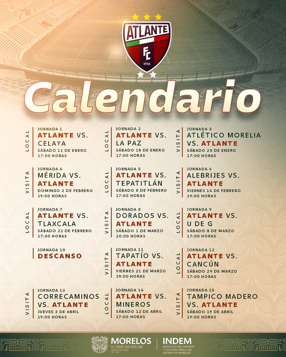 oriente_radio's tweet photo. Este es el calendario de partidos de nuestro equipo AtlanteFC para el torneo #Clausura2025, cuyos partidos de local serán en el Estadio Agustín Coruco Díaz. #Atlante #Morelos #futbol #LigaMX https://t.co/vSR0IniLzq