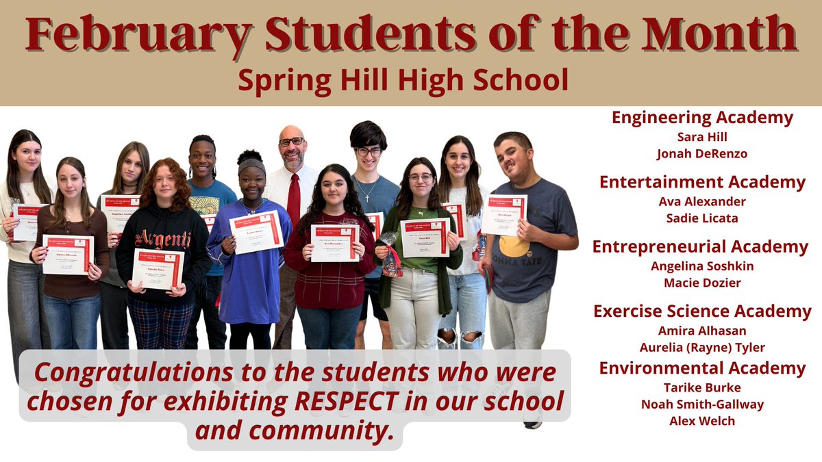 Congratulations to our February Students of the Month!  

Sara Hill, Jonah DeRenzo, Ava Alexander, Sadie Licata, Angelina Soshkin, Macie Dozier, Amira Alhasan, Aurelia (Rayne) Tyler, Tarike Burke, Noah Smith-Gallway, and Alex Welch