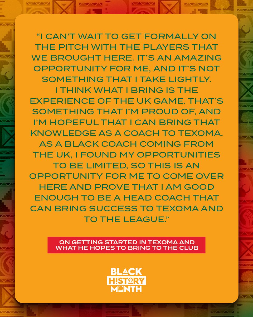 USLLeagueOne's tweet image. 𝙈𝙖𝙠𝙞𝙣𝙜 𝙝𝙞𝙨 𝙢𝙖𝙧𝙠 ✔️

@USLTexoma Head Coach @Forbesie7 can’t wait for the season to start and make the most of this opportunity in the States! 👊

#BlackHistoryMonth